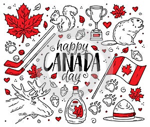 Happy National Day of Canada, a set of Doodle-style icons