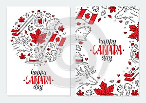 Happy National Day of Canada, a set of postcards or posters with icons