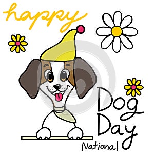 Happy national dog day card with cute smiling dog hand drawn cartoon