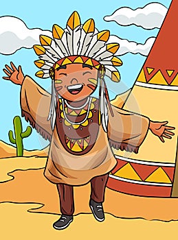 Happy Native American Indian Girl Colored Cartoon