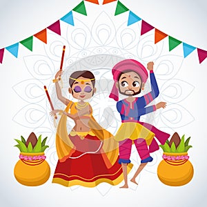 Happy navratri celebration card with couple dancing and garlands