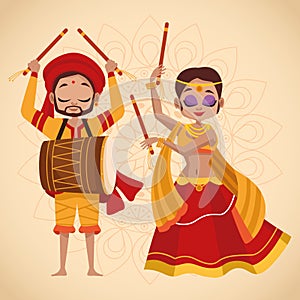 Happy navratri celebration card couple dancing and playing drum