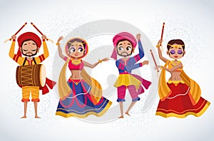 Happy navratri celebration card with group of dancers characters