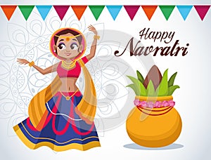 Happy navratri celebration card lettering with beautifull woman dancing