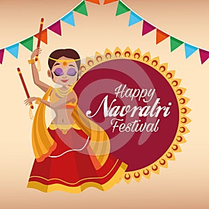 Happy navratri celebration card lettering with cute woman dancing and garlands in lace