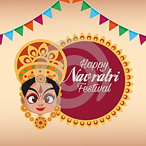 Happy navratri celebration card lettering with goddess and garlands