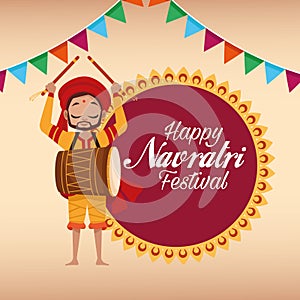 Happy navratri celebration card lettering with man playing drum and garlands