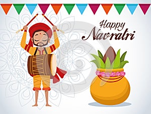 Happy navratri celebration card lettering with man playing drum and plant