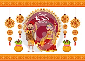 Happy navratri celebration card lettering with woman dancing and man playing drum