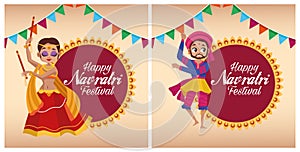 Happy navratri celebration card letterings with couple dancing and garlands