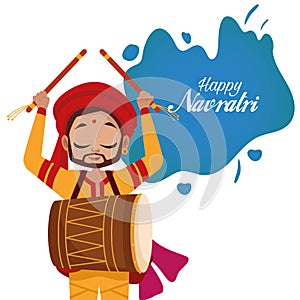 Happy navratri celebration lettering with man playing drum