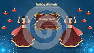 Happy Navratri, Traditionally dressed women character on dandiya night banner vector