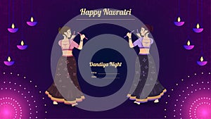 Happy Navratri, Traditionally dressed women character on dandiya night banner vector