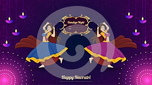 Happy Navratri, Traditionally dressed women character on dandiya night banner vector