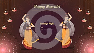 Happy Navratri, Traditionally dressed women character on dandiya night banner vector