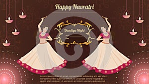Happy Navratri, Traditionally dressed women character on dandiya night banner vector
