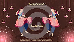 Happy Navratri, Traditionally dressed women character on dandiya night banner vector