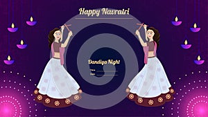 Happy Navratri, Traditionally dressed women character on dandiya night banner vector