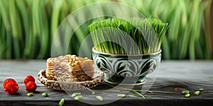 Happy Nawruz holiday background. Green grass semeni and baklava with nuts. Nawruz background with holiday symbols photo