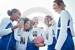 Happy netball team or group of woman with funny sports conversation and discussion of training or practice. Athlete