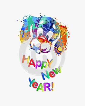 Happy NEW 2018 Year card. Dog of splash paint