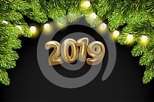 Happy New 2019 Year background. Golden metallic numbers, green f