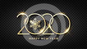 Happy new 2020 year. Shiny gold text and snowflake with stylized 2020 number. Happy New Year text design