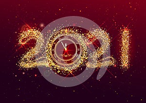 Happy new 2021 year greeting card template. Clock shows midnight new year eve in magical starry sky of golden sand