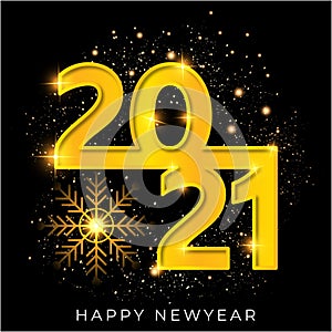 Happy New 2021 Year. Hanging Golden metallic numbers 2021 with shining snowflake and confetti on black background. New Year