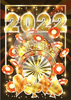 Happy New 2022 year, Christmas Casino wallpaper with poker cards, chips and roulette