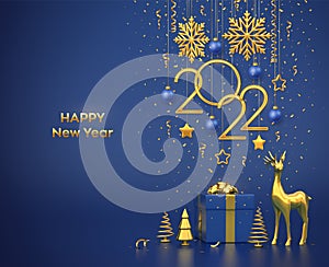 Happy New 2022 Year. Hanging golden metallic numbers 2022 with snowflakes, stars, balls on blue background. Gift box, gold deer