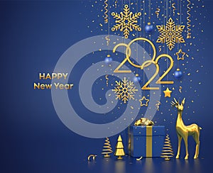 Happy New 2022 Year. Hanging golden metallic numbers 2022 with snowflakes, stars, balls on blue background. Gift box, gold deer