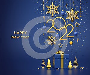 Happy New 2022 Year. Hanging golden metallic numbers 2022 with snowflakes, stars and balls on blue background. Gift box and golden