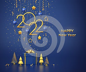 Happy New 2022 Year. Hanging golden metallic numbers 2022 with stars, balls and confetti on blue background. Gift box and golden