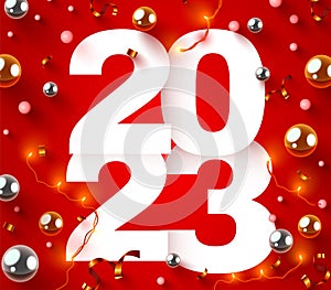 Happy New 2022 Year. Holiday numbers 2023 with confetti and garland. Festive poster or banner design