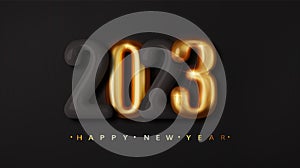 Happy New 2023 realisti golden numbers and on black background. Merry Christmas Greeting card. Vector 3d rendering.