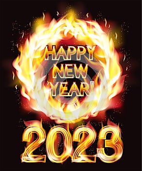 Happy new 2023 year fire card, vector