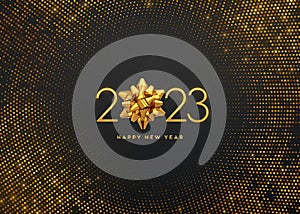 Happy New 2023 Year. Golden metallic luxury numbers 2023 with golden gift bow on shimmering background. Greeting card. Bursting