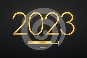 Happy New 2023 Year. Golden metallic luxury numbers 2023 with golden loading bar. Party countdown. Realistic sign for greeting