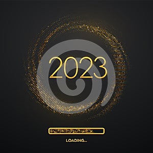 Happy New 2023 Year. Golden metallic luxury numbers 2023 with loading bar on shimmering background. Bursting backdrop with