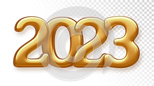 Happy New 2023 Year. Golden metallic luxury numbers 2023. Realistic 3d render sign for greeting card. Festive poster or holiday