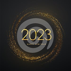 Happy New 2023 Year. Golden metallic luxury numbers 2023 on shimmering background. Realistic sign for greeting card. Bursting