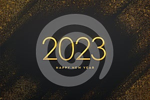 Happy New 2023 Year. Golden metallic luxury numbers 2023 on shimmering background. Realistic sign for greeting card. Bursting