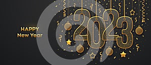 Happy New 2023 Year. Hanging on gold ropes numbers 2023 with shining 3D metallic stars, balls and confetti on black background.