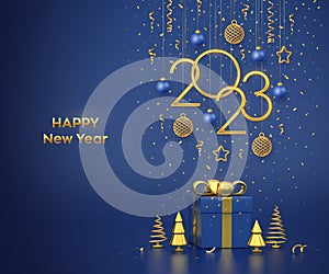 Happy New 2023 Year. Hanging golden metallic numbers 2022 with stars, balls and confetti on blue background. Gift box and golden