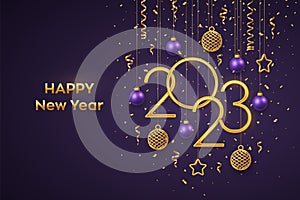 Happy New 2023 Year. Hanging Golden metallic numbers 2023 with shining 3D metallic stars, balls, confetti on purple background.