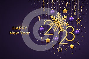 Happy New 2023 Year. Hanging Golden metallic numbers 2023 with shining snowflake and confetti on purple background. New Year