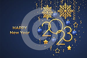 Happy New 2023 Year. Hanging Golden metallic numbers 2023 with shining snowflakes, 3D metallic stars, balls and confetti on blue