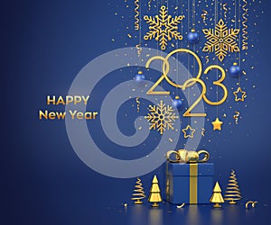 Happy New 2023 Year. Hanging golden metallic numbers 2023 with snowflakes, stars and balls on blue background. Gift box and golden