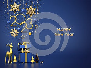 Happy New 2023 Year. Hanging golden metallic numbers 2023 with snowflakes, stars, balls on blue background. Open gift box, gold